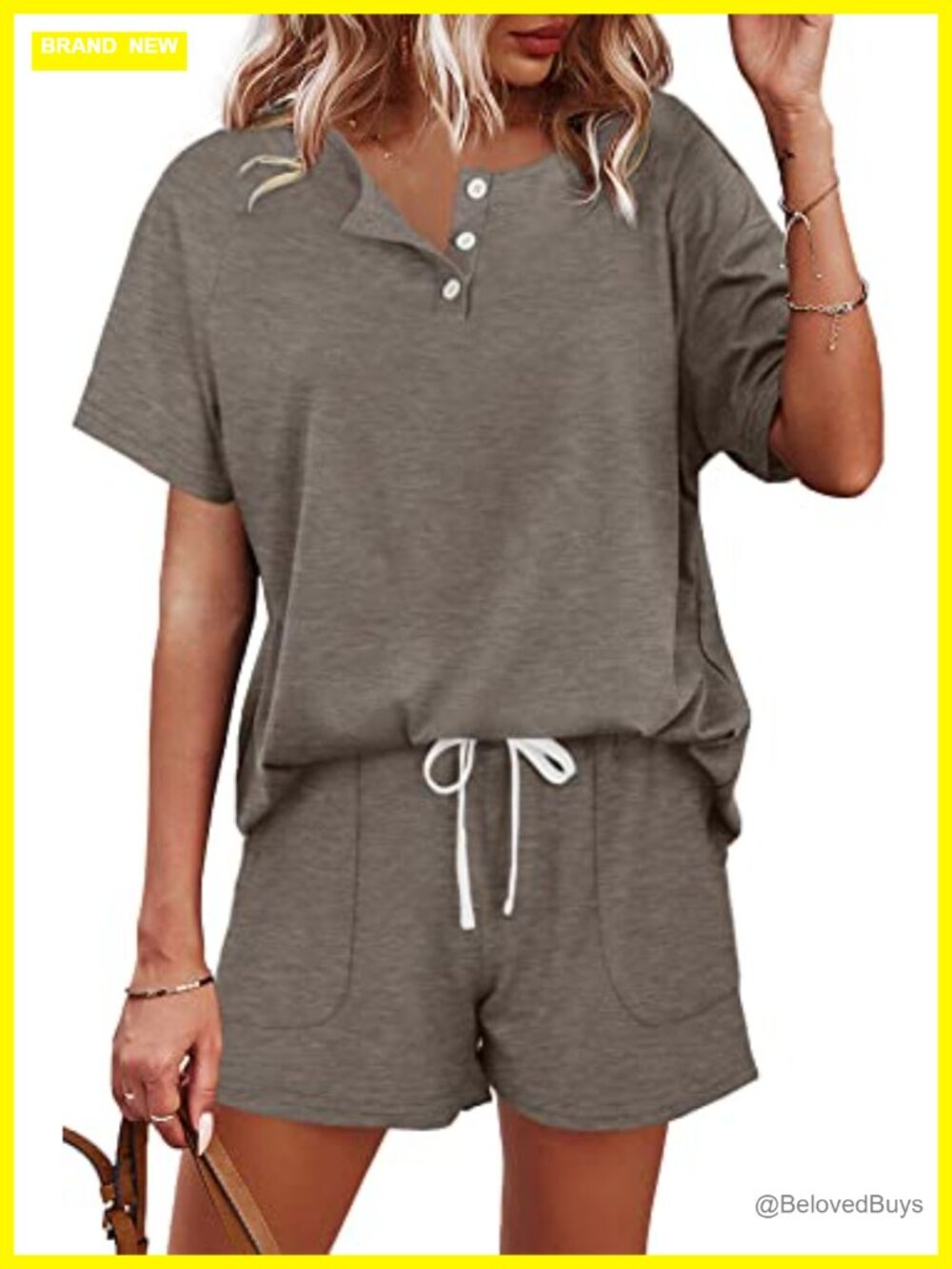 Womens Two Piece Lounge Set Button Down Top and Drawstring Shorts with Pockets